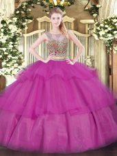 Traditional Fuchsia Sleeveless Floor Length Beading and Ruffled Layers Lace Up 15th Birthday Dress