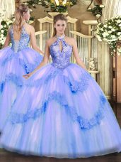 Floor Length Lace Up Sweet 16 Dresses Blue for Military Ball and Sweet 16 and Quinceanera with Appliques and Sequins