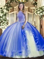 Best Blue Tulle Lace Up Quinceanera Dresses Sleeveless Floor Length Beading and Ruffles