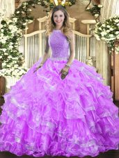 Affordable Sleeveless Organza Floor Length Lace Up Quinceanera Dresses in Lavender with Beading and Ruffled Layers