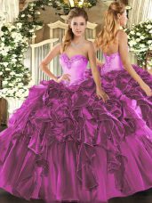 Hot Sale Fuchsia Sleeveless Floor Length Beading and Ruffles Lace Up Quinceanera Dresses