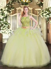 Flirting Scoop Sleeveless Lace Up Quinceanera Gowns Yellow Organza