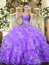 Lavender Organza Lace Up Quinceanera Dresses Sleeveless Floor Length Beading and Ruffled Layers