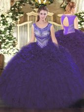 Cute Beading and Ruffles Quinceanera Gowns Purple Lace Up Sleeveless Floor Length