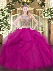 Custom Design Fuchsia Sleeveless Floor Length Beading and Ruffles Lace Up Vestidos de Quinceanera