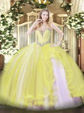 Discount Yellow Sleeveless Beading and Ruffles Floor Length Ball Gown Prom Dress