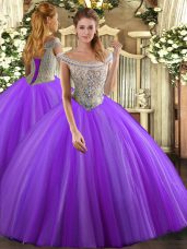 Lavender Ball Gowns Off The Shoulder Sleeveless Tulle Floor Length Lace Up Beading 15th Birthday Dress