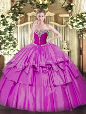 Lilac Sweet 16 Quinceanera Dress Military Ball and Quinceanera with Beading and Ruffled Layers Sweetheart Sleeveless Lace Up