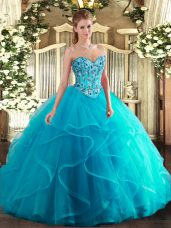 Traditional Sleeveless Floor Length Embroidery and Ruffles Lace Up 15th Birthday Dress with Aqua Blue