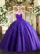 Beauteous Sleeveless Tulle Floor Length Lace Up Quinceanera Dresses in Purple with Appliques