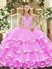Deluxe Lilac Quinceanera Dress Military Ball and Sweet 16 and Quinceanera with Beading and Ruffled Layers Halter Top Sleeveless Lace Up