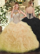 Stunning Champagne Halter Top Neckline Beading and Ruffles and Pick Ups Quinceanera Dress Sleeveless Lace Up