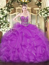 High End Fuchsia Ball Gowns Beading and Ruffles 15th Birthday Dress Lace Up Organza Sleeveless Floor Length