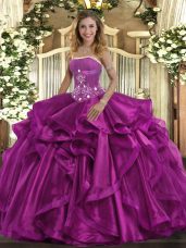 Beautiful Sleeveless Floor Length Beading and Ruffles Lace Up Quinceanera Dresses with Fuchsia