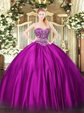 Fuchsia Sleeveless Satin Lace Up Vestidos de Quinceanera for Military Ball and Sweet 16 and Quinceanera