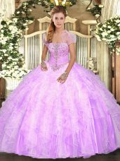 Floor Length Lilac Quinceanera Gown Strapless Sleeveless Lace Up