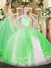 Comfortable Sleeveless Floor Length Lace and Ruffles Zipper 15th Birthday Dress with Green