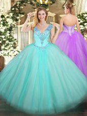 Sleeveless Tulle Floor Length Lace Up Quinceanera Dress in Aqua Blue with Beading