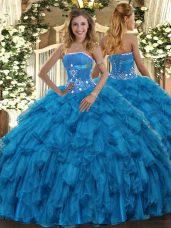 Popular Floor Length Lace Up Sweet 16 Quinceanera Dress Baby Blue for Military Ball and Sweet 16 and Quinceanera with Beading and Ruffles