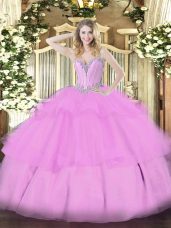 Pretty Lilac Lace Up Sweetheart Beading and Ruffled Layers Quinceanera Gowns Tulle Sleeveless