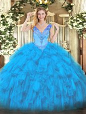 Traditional Baby Blue Ball Gown Prom Dress Military Ball and Sweet 16 and Quinceanera with Beading and Ruffles V-neck Sleeveless Lace Up