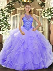 Lavender Quinceanera Gowns Military Ball and Sweet 16 and Quinceanera with Beading and Ruffles High-neck Sleeveless Lace Up