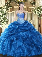 High Class Floor Length Lace Up Sweet 16 Quinceanera Dress Blue for Military Ball and Sweet 16 and Quinceanera with Beading and Ruffles and Pick Ups