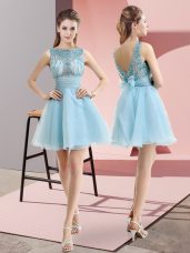 Mini Length Aqua Blue Prom Dress Bateau Sleeveless Backless