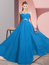 Blue Empire Chiffon Scoop Sleeveless Beading Floor Length Clasp Handle Prom Dresses