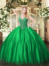 Attractive Green Satin Lace Up V-neck Sleeveless Floor Length Sweet 16 Dress Beading