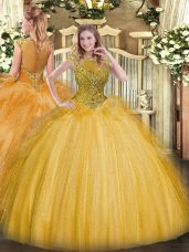 Floor Length Ball Gowns Sleeveless Gold Quinceanera Dresses Zipper