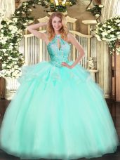 Sleeveless Floor Length Beading Lace Up Vestidos de Quinceanera with Aqua Blue