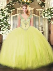 Glittering Yellow Green Lace Up Quinceanera Dresses Beading Sleeveless Floor Length