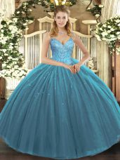 Glorious Teal Tulle Lace Up Quince Ball Gowns Sleeveless Floor Length Beading