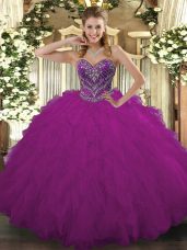 Fuchsia Sweetheart Neckline Beading and Ruffled Layers Quinceanera Gowns Sleeveless Lace Up