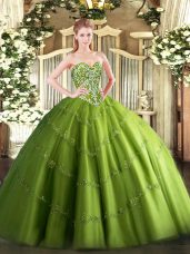 Olive Green Ball Gowns Tulle Sweetheart Sleeveless Beading and Appliques Floor Length Lace Up Quinceanera Gown