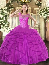 Fuchsia Sleeveless Floor Length Beading and Ruffles Lace Up Quince Ball Gowns