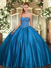Shining Blue Ball Gowns Sweetheart Sleeveless Satin Floor Length Lace Up Beading Vestidos de Quinceanera