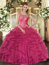 Scoop Sleeveless Tulle Quince Ball Gowns Beading and Ruffles Lace Up