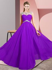 Scoop Sleeveless Casual Dresses Floor Length Beading Purple Chiffon