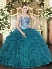 Cheap Beading and Ruffles Sweet 16 Quinceanera Dress Teal Lace Up Sleeveless Floor Length