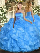 Romantic Floor Length Baby Blue Sweet 16 Dresses Organza Sleeveless Ruffles
