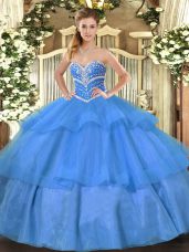Blue Sweetheart Neckline Beading and Ruffled Layers Quinceanera Gown Sleeveless Lace Up