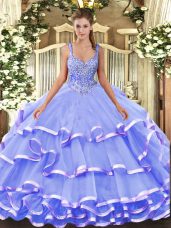 Lavender Ball Gowns Organza Straps Sleeveless Beading and Ruffled Layers Floor Length Lace Up Sweet 16 Dresses