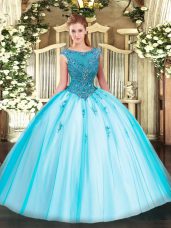 Tulle Cap Sleeves Floor Length Quinceanera Dresses and Beading and Appliques