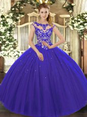 Graceful Royal Blue Lace Up Quinceanera Dresses Beading and Appliques Cap Sleeves Floor Length