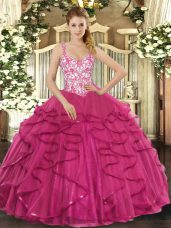 Hot Pink Tulle Lace Up Quinceanera Dress Sleeveless Floor Length Beading and Appliques and Ruffles