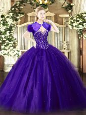 Delicate Purple Ball Gowns Beading Quinceanera Gown Lace Up Tulle Sleeveless Floor Length