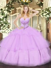Lavender Lace Up 15 Quinceanera Dress Beading and Ruffled Layers Sleeveless Floor Length