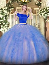 Off The Shoulder Short Sleeves Tulle Ball Gown Prom Dress Appliques and Ruffles Zipper